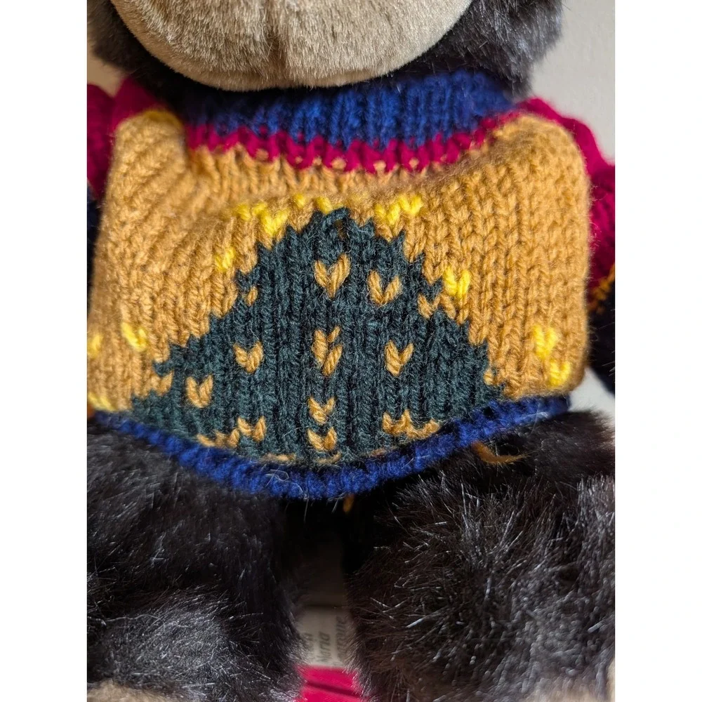 Vtg 90s Plush Black Bear Hand Knit Sweater Christmas Tree Winter 12in MTY Int'l